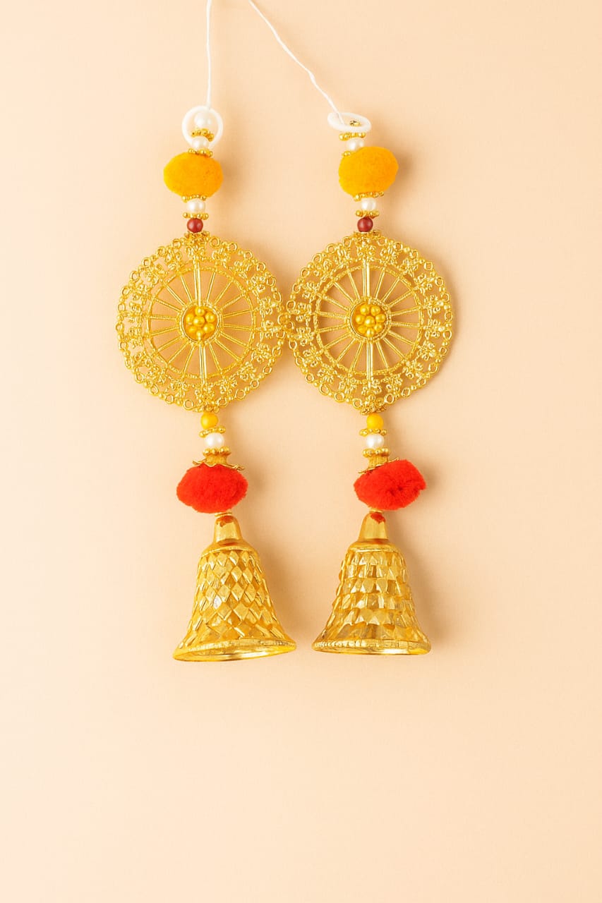 TRADITIONAL GOLDEN HANGING BELLS WITH DECORATIVE BEADS & POM - POMS