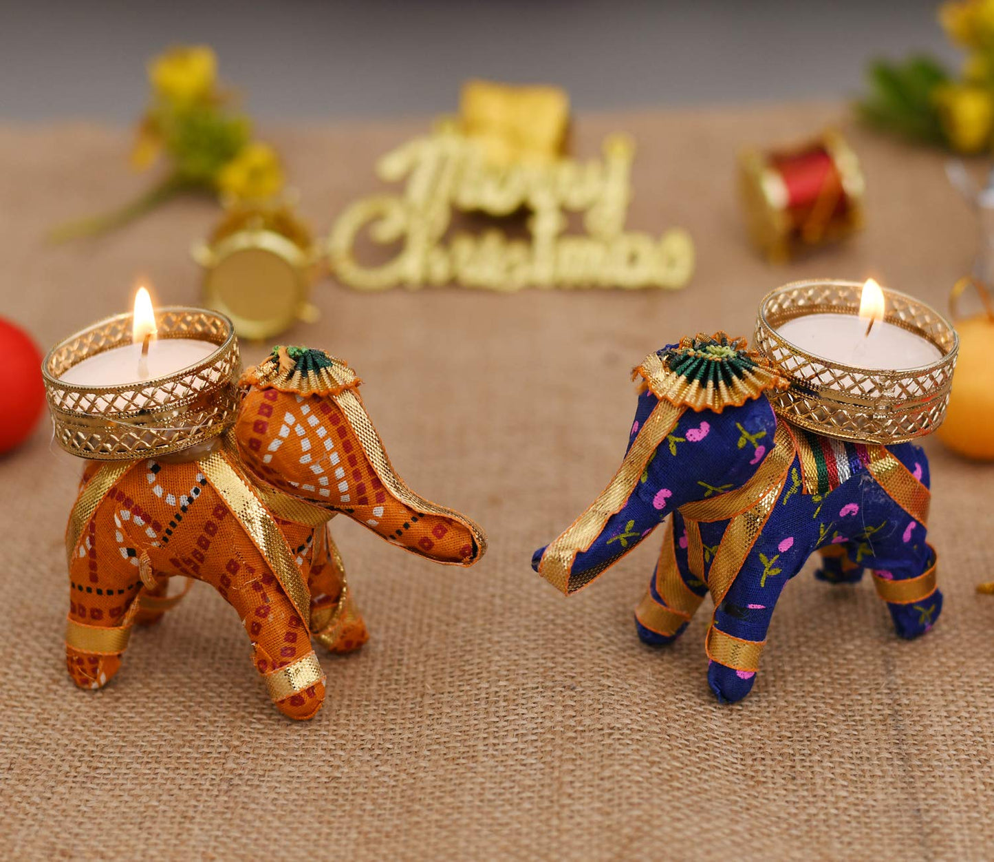 COLORFUL HANDMADE DECORATIVE ELEPHANT TEALIGHT CANDLE HOLDERS PACK OF 2