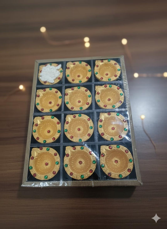 12-PIECE GOLD & JEWEL-TONE DECORATIVE CLAY DIYA SET