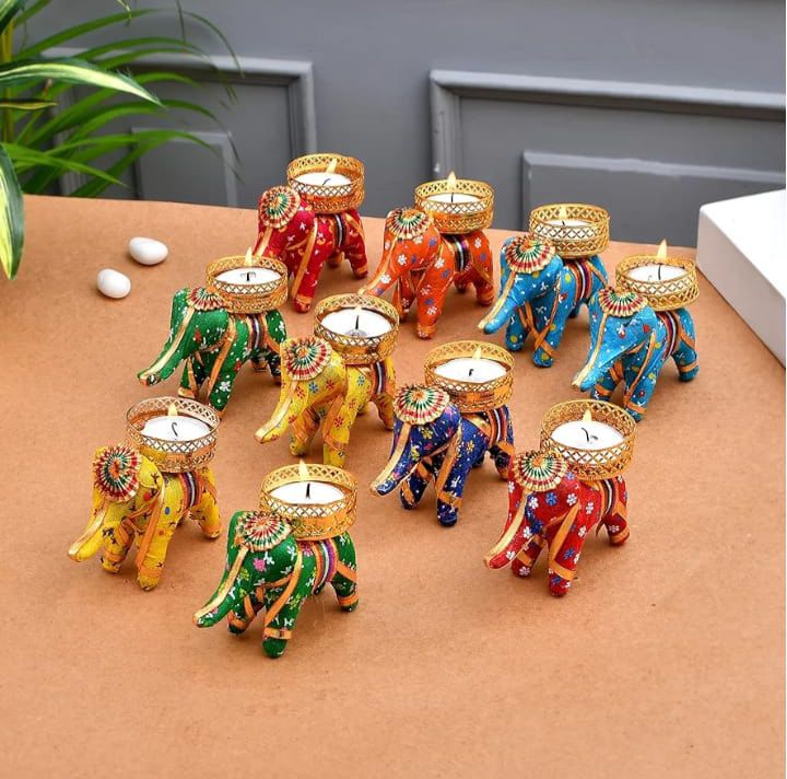 COLORFUL HANDMADE DECORATIVE ELEPHANT TEALIGHT CANDLE HOLDERS PACK OF 2