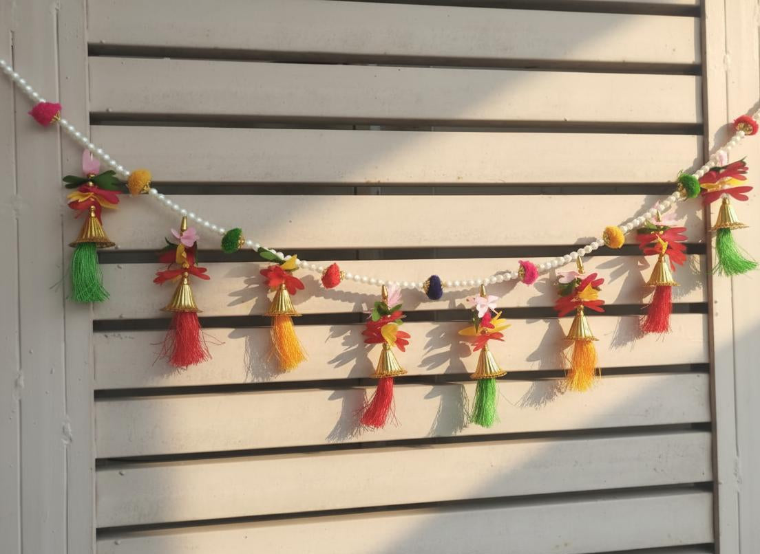 COLORFUL FLORAL TASSEL TORAN WITH GOLDEN BELLS