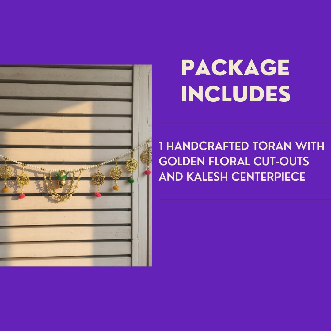 HANDCRAFTED PREMIUM TORAN WITH GOLDEN FLORAL CUT-OUTS AND KALASH CENTERPIECE